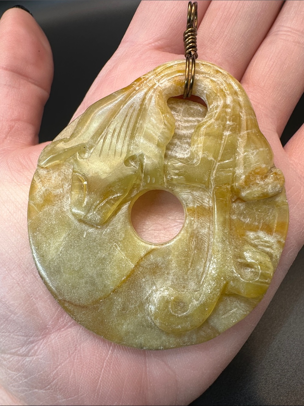Vintage Hand-Carved Jade Sea Dragon OR Koi Pendant Symbol of Prosperity & Luck - Picture 10 of 11